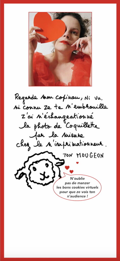 Photo de Faustine Audureau du verso de la carte de la Saint Valentin de 2023 sur laquelle ont voit un autoportrait de Faustine en rouge avec un dessin représentant la peluche Mougeon.