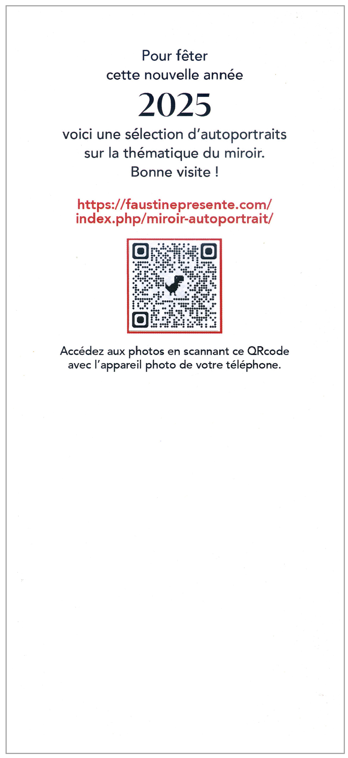 Photo de Faustine Audureau pour son portfolio du verso de la carte de vœux 2025 sur laquelle il y a un QRcode.
