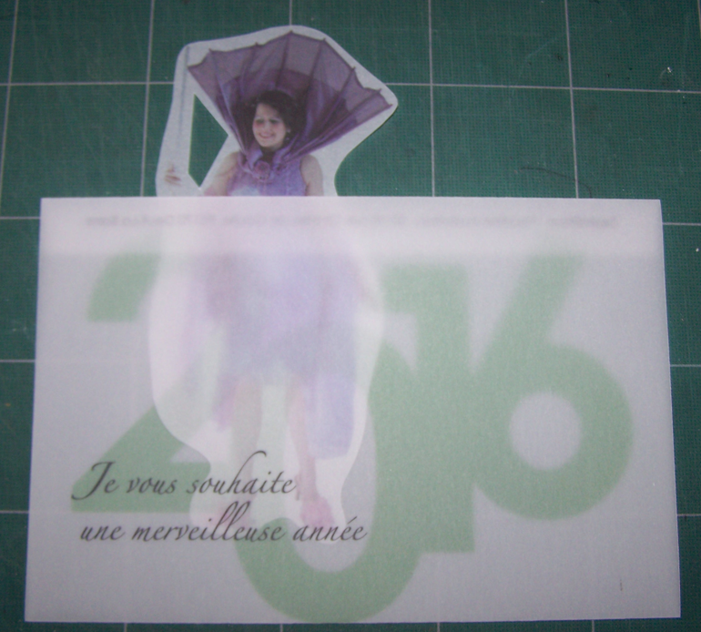 Photo de Faustine Audureau pour le portfolio de la carte de vœux 2016. On y voit une enveloppe en calque sur laquelle est imprimée en vert l’année 2016, ainsi qu’une phrase souhaitant de bon vœux. Dans cette enveloppe translucide est visible à moitié rentrée un personnage féminin déguisée en Fée des Lilas et imprimée sur du calque.