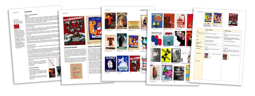 Photographie montrant un travail pédagogique pour le cours d’histoires de l’arts et d'arts plastiques constitué de cinq pages avec de nombreuses images dont la thématique est l’affiche.