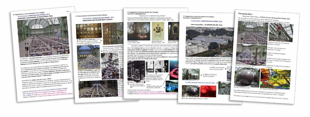 Photographie montrant un travail pédagogique pour le cours d’histoires de l’arts et d'arts plastiques constitué de cinq pages avec de nombreuses images dont la thématique est l’installation au Grand Palais de l’œuvre monumentale Personnes de Boltanski.