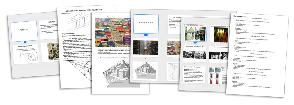 Photographie montrant un travail pédagogique sur la thématique de la perspective et de la bande dessinée pour le cours d'arts plastiques. L’image est constituée de six documents : trois planches de PowerPoint et trois documents récapitulatifs pour les élèves. Chacun avec de nombreuses images ou tableaux représentants des techniques de perspectives, des bâtiments ou des villes.